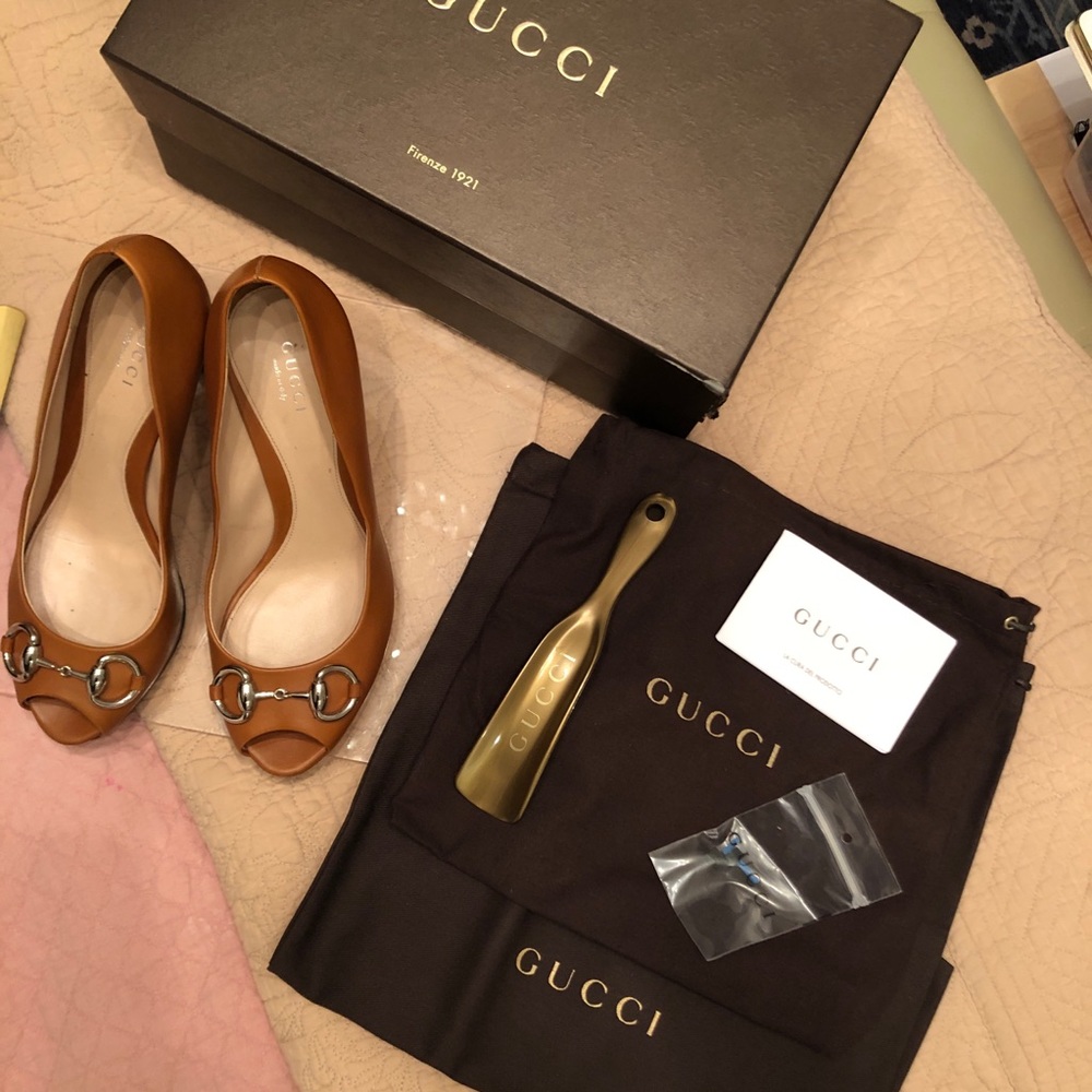 GUCCI Horsebit Nouveau Calf Tobacco heels 36.5 6.5